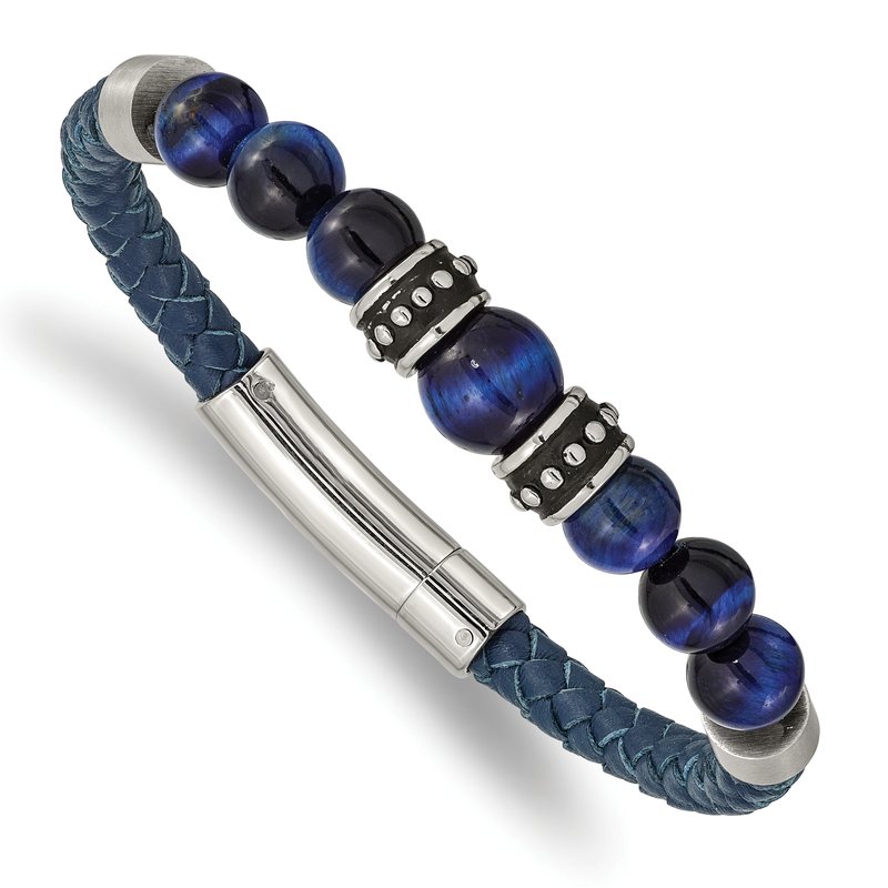 Stainless Steel Antiqued and Polished Blue Tiger's Eye Beads Blue Leather 8.25 inch Bracelet