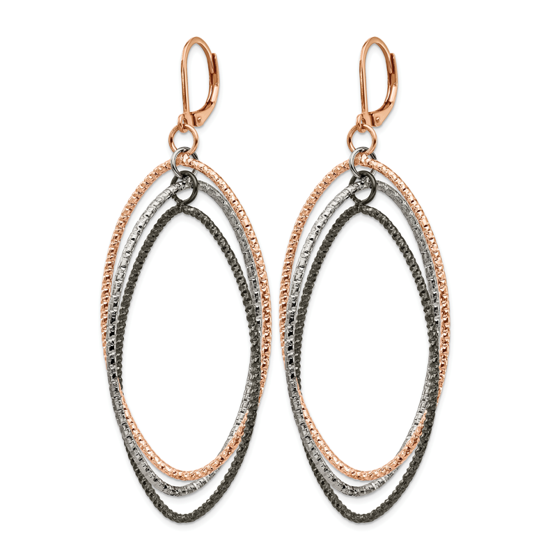 Stainless Steel Polished and Textured Gun and Rose IP-plated Dangle Leverback Earrings