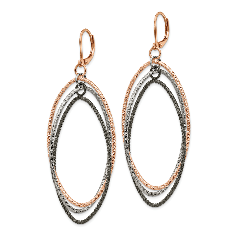 Stainless Steel Polished and Textured Gun and Rose IP-plated Dangle Leverback Earrings