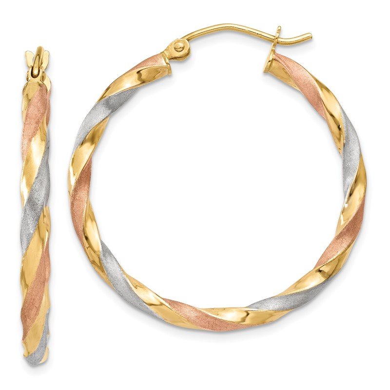 14k White &amp; Rose Rhodium Satin Twisted Hoop Earrings