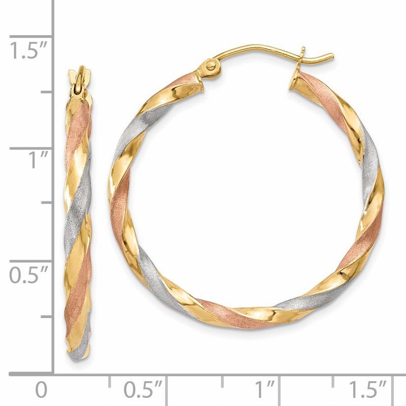 14k White &amp; Rose Rhodium Satin Twisted Hoop Earrings