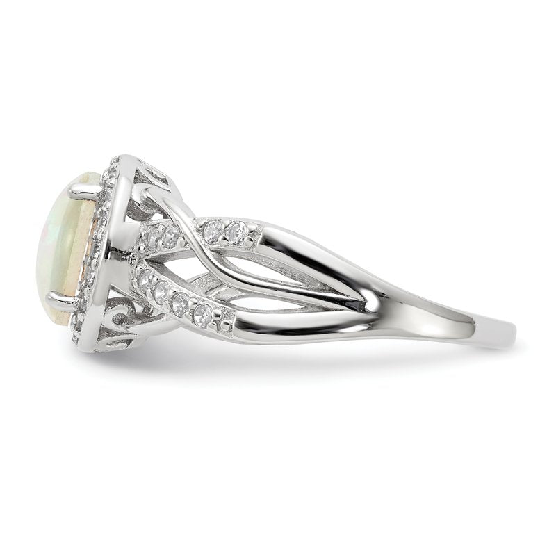 Sterling Silver Rhodium-plated Cabochon Lab Created Opal and Brilliant-cut CZ Woven Pattern Ring