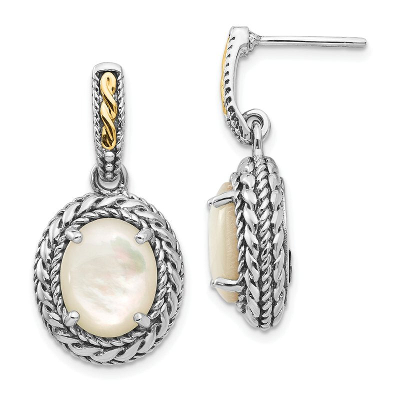 Sterling Silver with 14K Accent Antiqued Mother Of Pearl Post Dangle Earrings