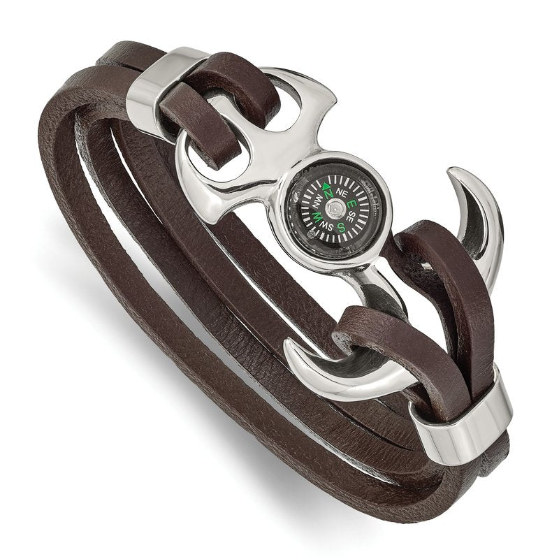 Stainless Steel Polished Functional Compass Multi Strand Brown Leather 8.5 inch Bracelet