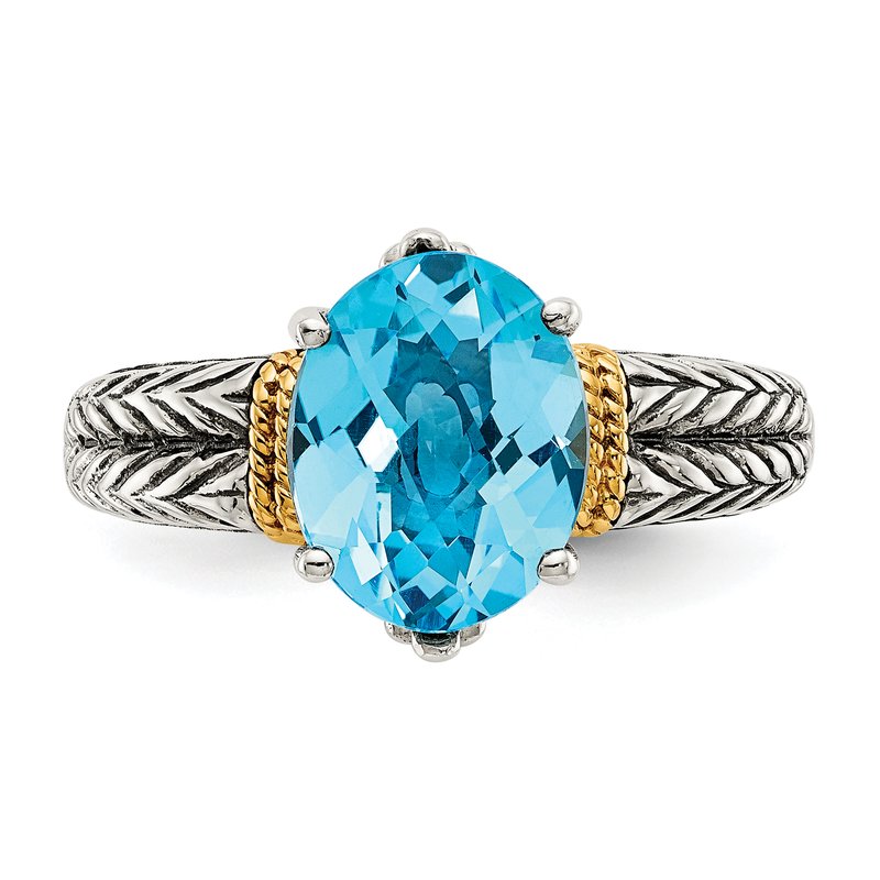 Sterling Silver with 14K Accent Antiqued Oval Blue Topaz Ring