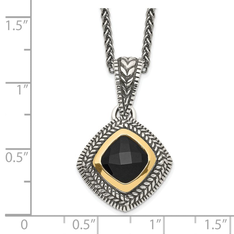 Sterling Silver with 14K Accent 18 Inch Antiqued Checkerboard-cut Black Onyx Necklace