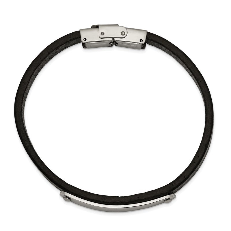 Stainless Steel Polished Black Leather 8.5 inch ID Bracelet