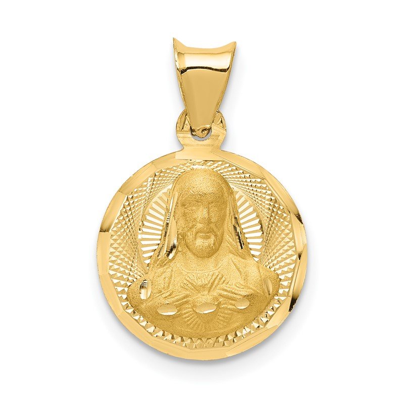 14K Polished Diamond-cut Solid Sagrado Corazon de Jesus Round Pendant