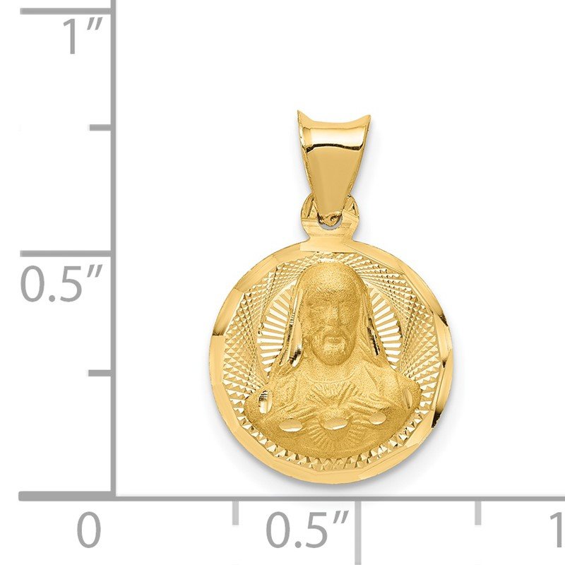 14K Polished Diamond-cut Solid Sagrado Corazon de Jesus Round Pendant
