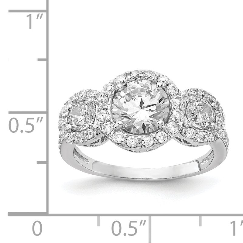 Sterling Silver Rhodium-plated Brilliant-cut CZ Three Stone Halo Ring