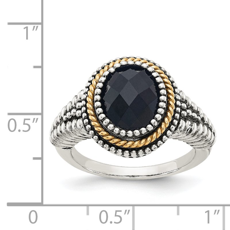 Sterling Silver with 14K Accent Antiqued Checkerboard-cut Black Onyx Ring
