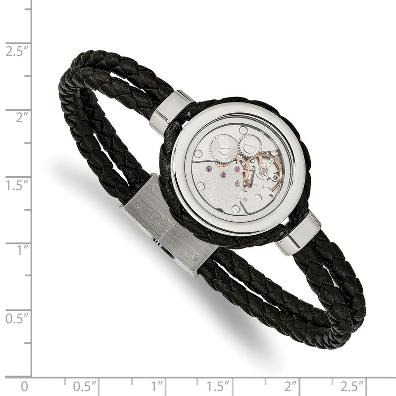 Stainless Steel Brushed and Polished Yellow IP-palted with CZ Black Braided Leather 8.5 inch Bracelet