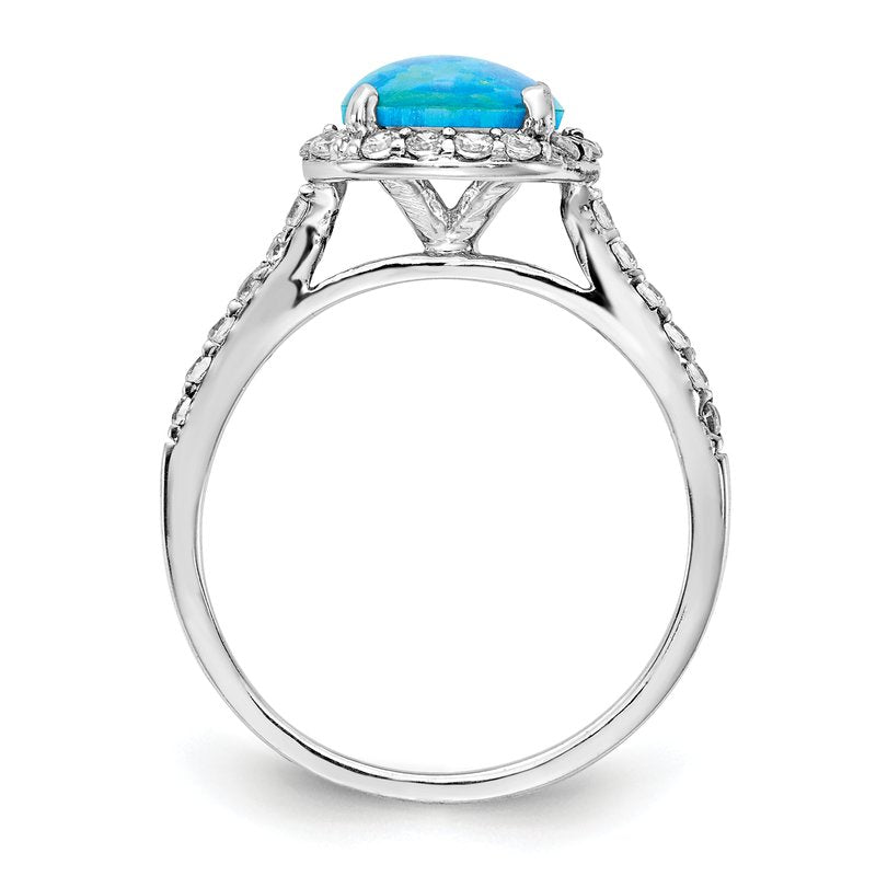 Sterling Silver Rhodium-plated Cabochon Lab Created Blue Opal and Brilliant Cut CZ Halo with Side Stones Ring