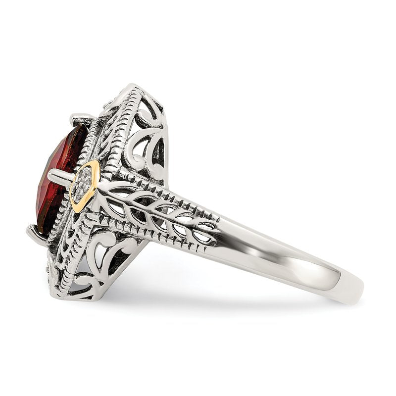 Sterling Silver with 14K Accent Antiqued Diamond and Checkerboard Cushion Garnet Ring