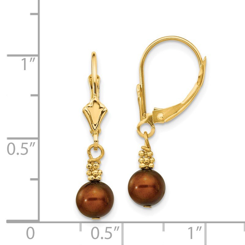 14k 5-6mm Brown Semi-round Freshwater Cultured Pearl Dangle Leverback Earrings