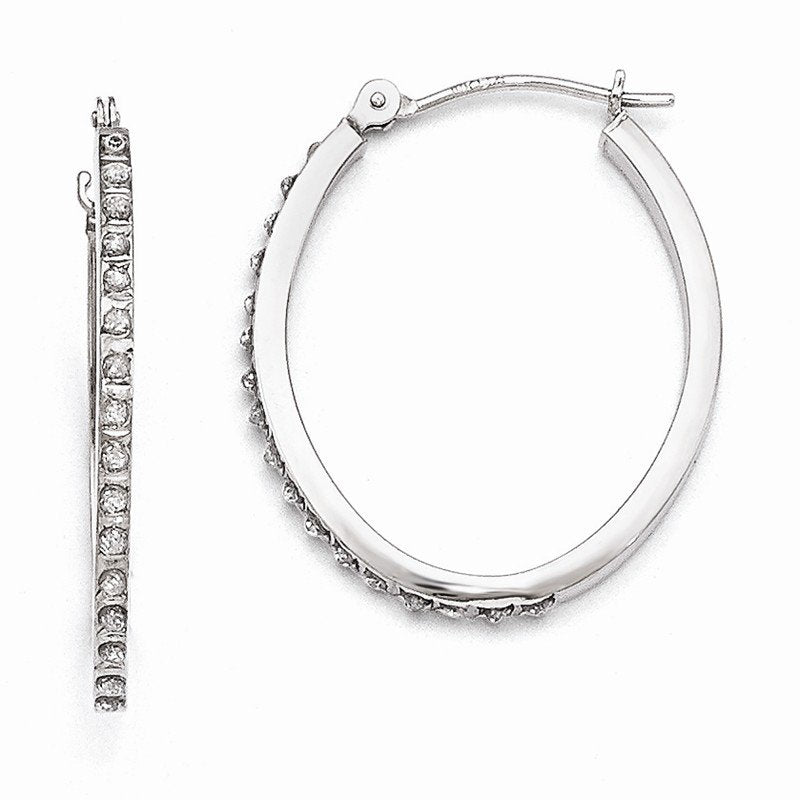 14k White Gold Diamond Fascination Oval Hinged Hoop Earrings