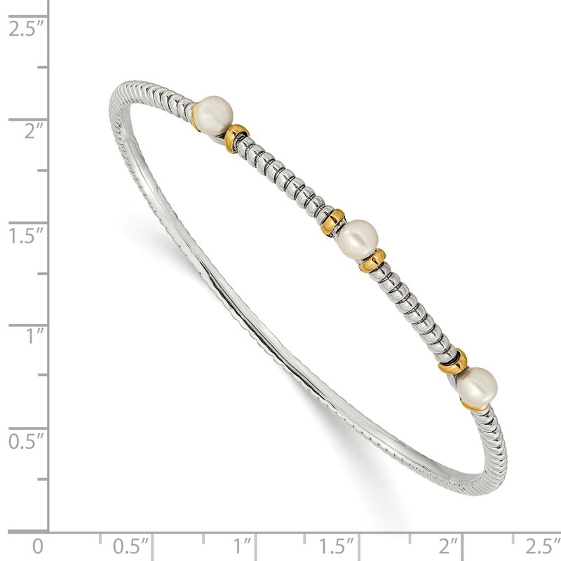 Sterling Silver with 14K Accent 4.5mm Freshwater Cultured Button Pearl Slip-on Bangle Bracelet