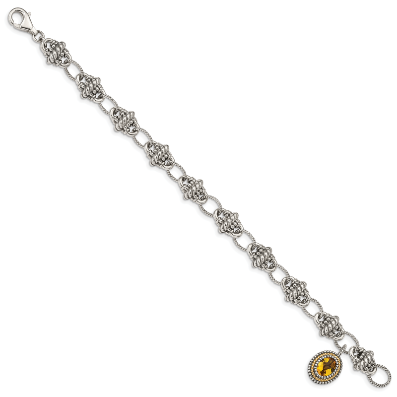 Sterling Silver with 14K Accent 7.75 Inch Antiqued Oval Citrine Bracelet