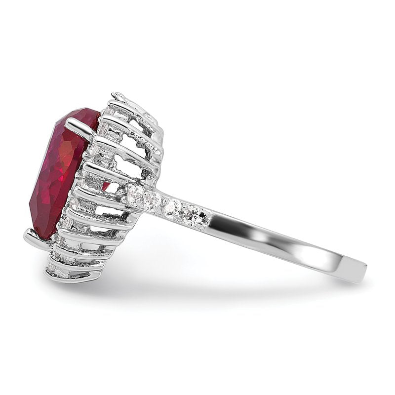Sterling Silver Rhodium-plated 100 Facet Lab Created Ruby and Brilliant-cut White CZ Heart Halo Ring