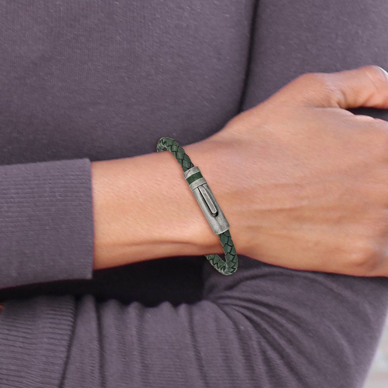 Stainless Steel Antiqued Green Braided Leather 8.25 inch Bracelet