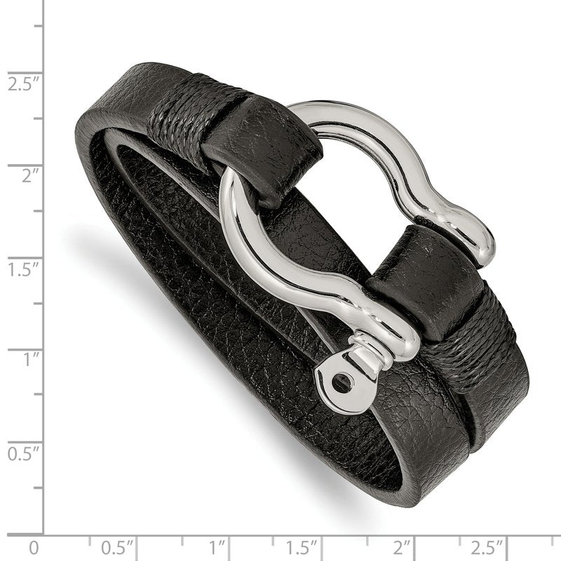 Stainless Steel Polished Shackle Textured Black Leather 16 inch Wrap Bracelet