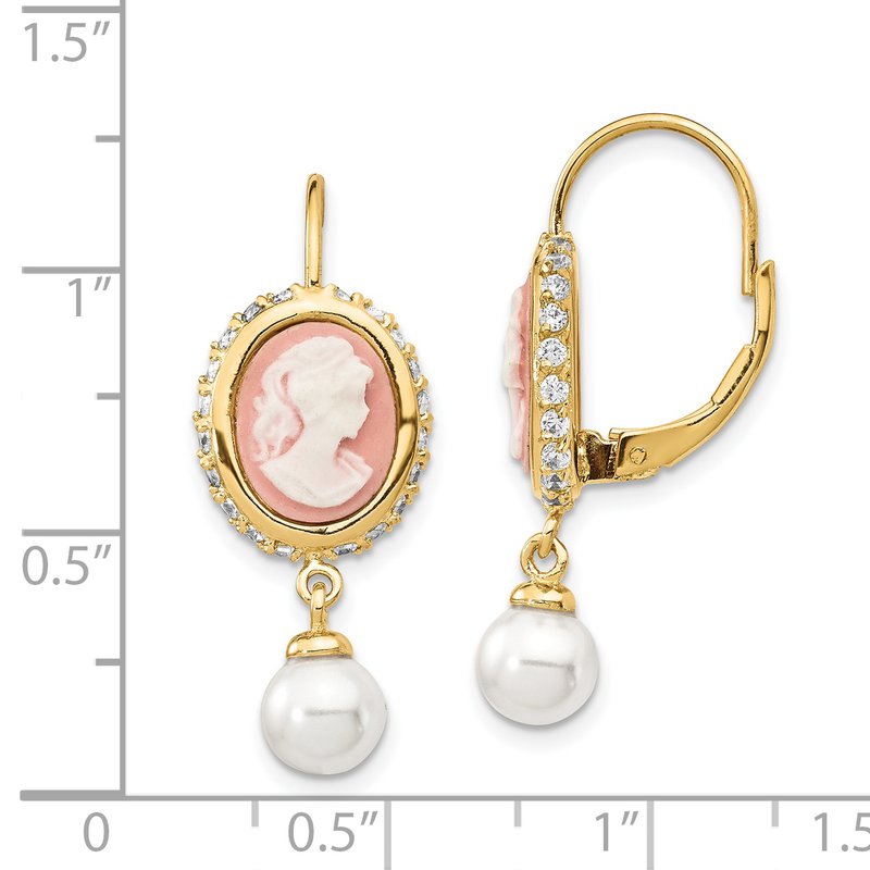 Sterling Silver Gold-plated Glass Pearl Brilliant-cut CZ &amp; Resin Cameo Leverback Dangle Earrings