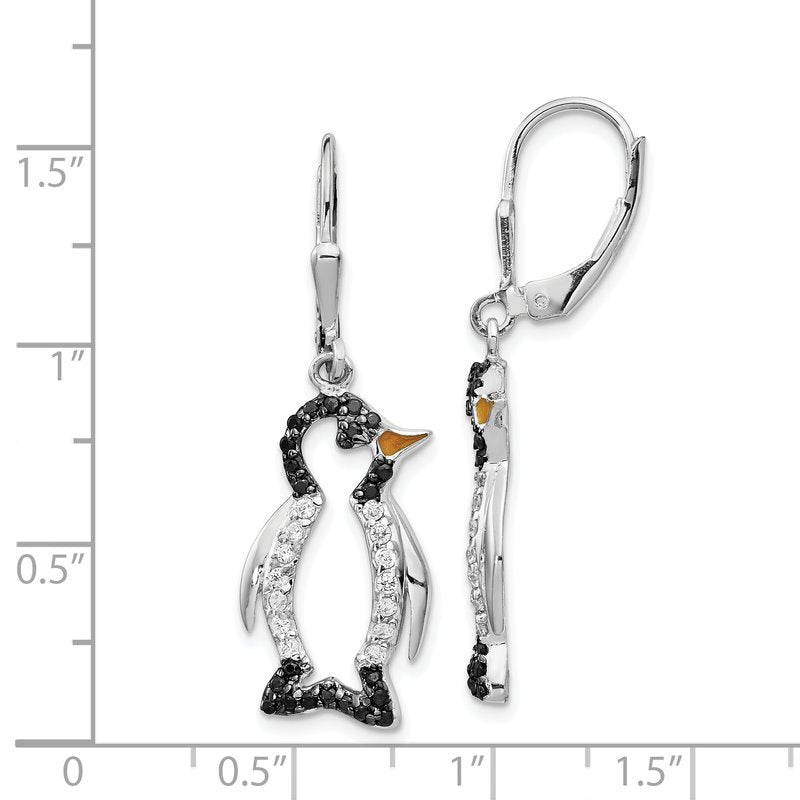 Sterling Silver Rhodium-plated with Black Rhodium Accent Enameled Brilliant-cut Black and White CZ Penguin Leverback Dangle Earrings