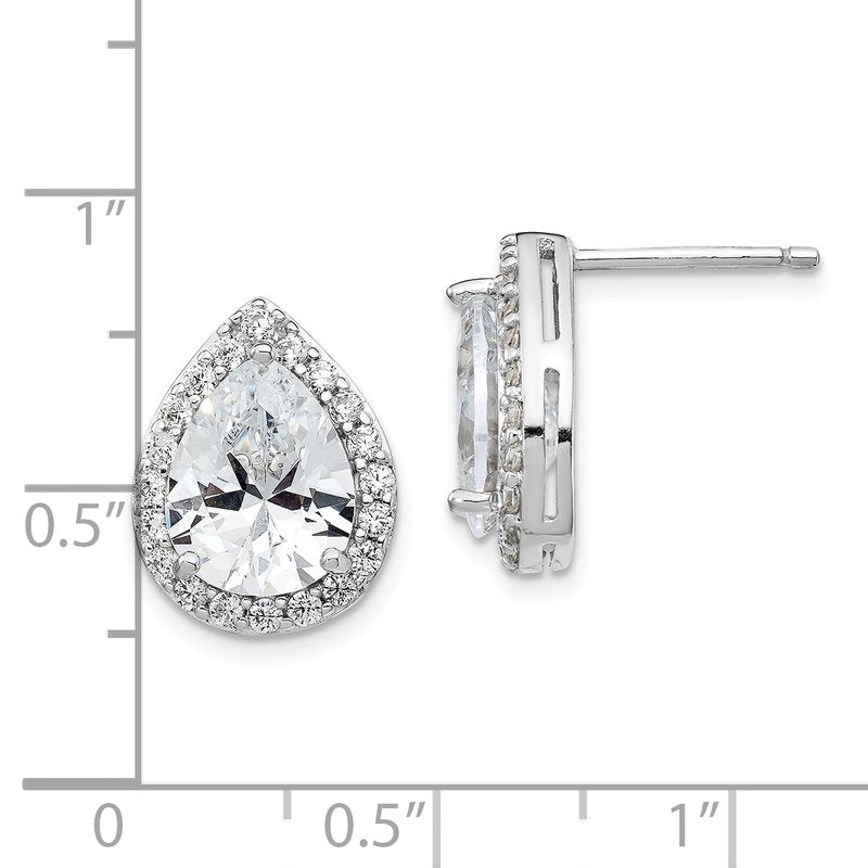 Sterling Silver Rhodium-plated Brilliant-cut Teardrop CZ Halo Post Earrings