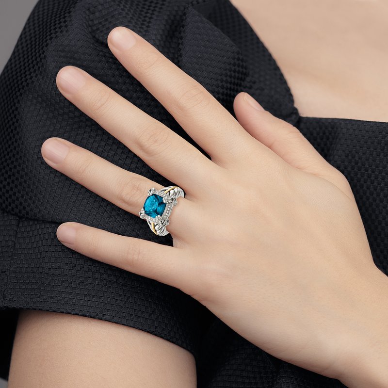 Sterling Silver with 14K Accent Antiqued London Blue Topaz and Diamond Ring
