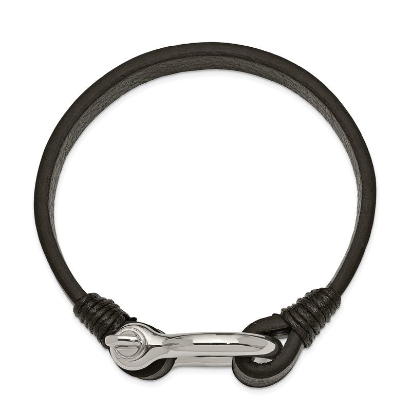Stainless Steel Polished Shackle Black Leather 8.25 inch Bracelet