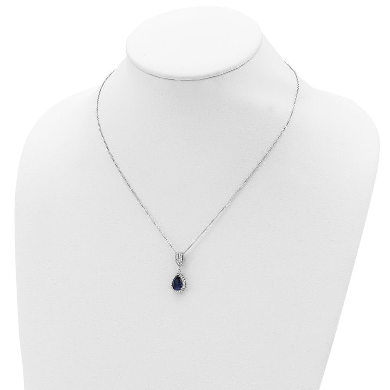 Sterling Silver Rhodium-plated Brilliant-cut Lab Created Dark Blue Spinel and Brilliant-cut White CZ Teardrop Halo 18 Inch Necklace