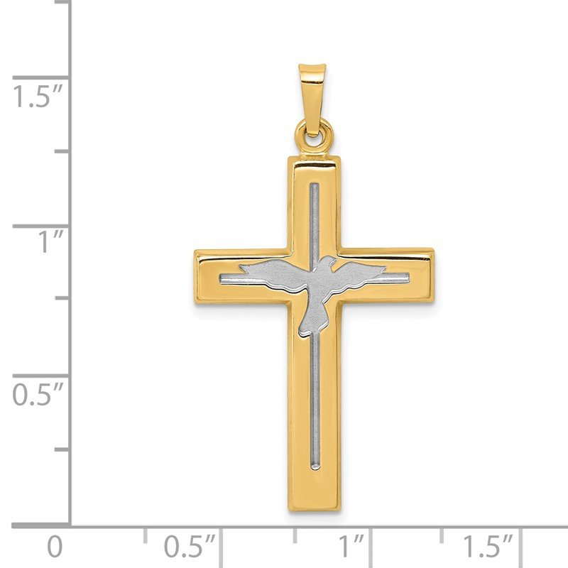 14K and White Rhodium Polished and Satin Cross with Dove Pendant