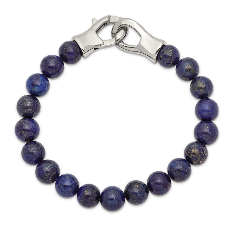 Stainless Steel Polished Genuine Lapis Beaded 9 inch Bracelet