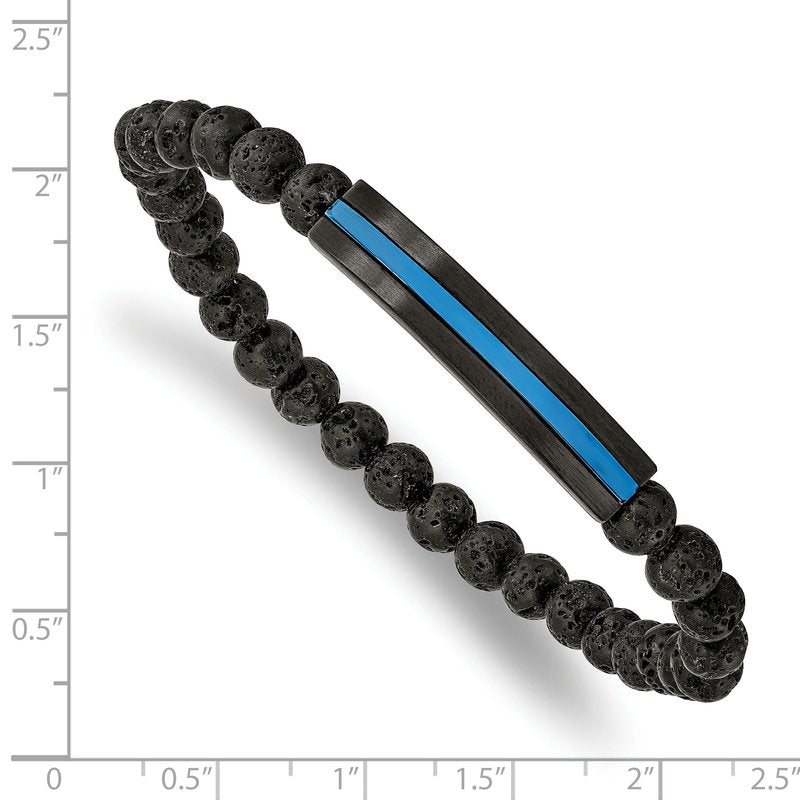 Stainless Steel Brushed and Polished Black and Blue IP-plated with 6mm Lava Stone Beaded Stretch Bracelet
