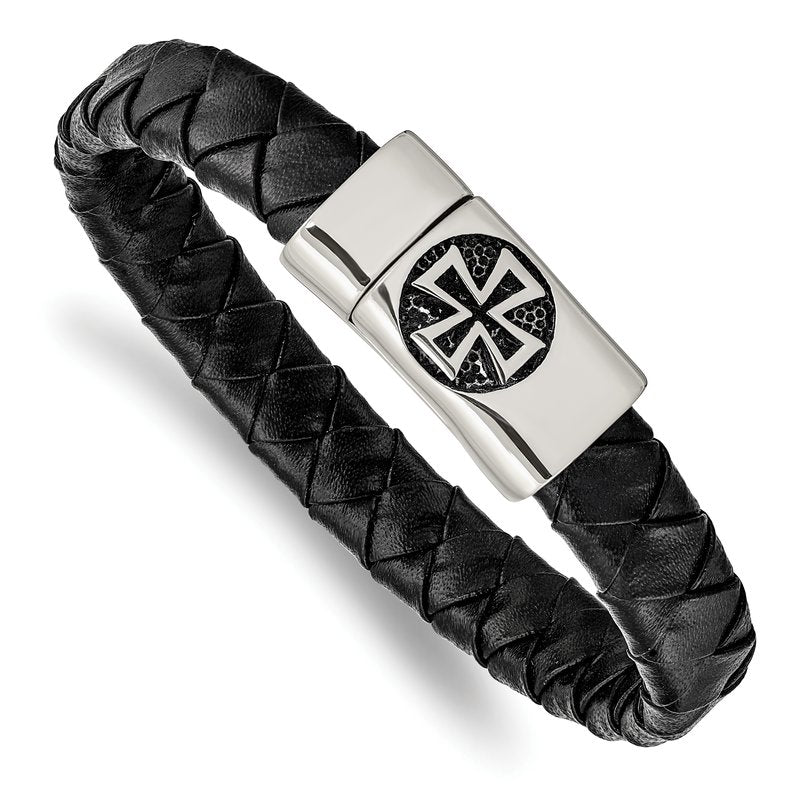 Stainless Steel Antiqued and Polished Cross Black Leather 8.5 inch Bracelet
