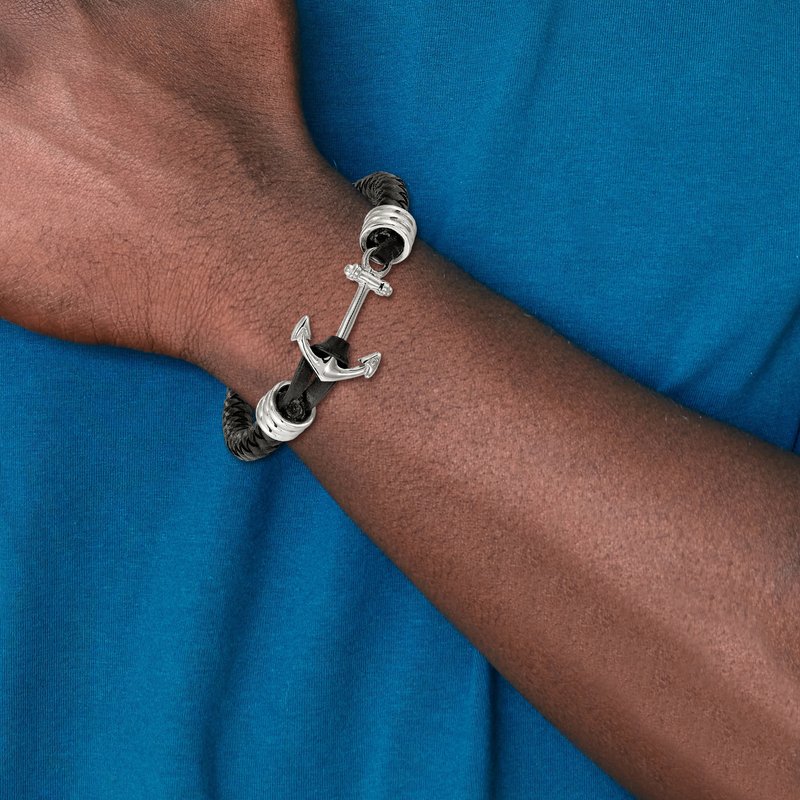 Stainless Steel Polished Anchor Black Braided Leather 8.5 inch Bracelet
