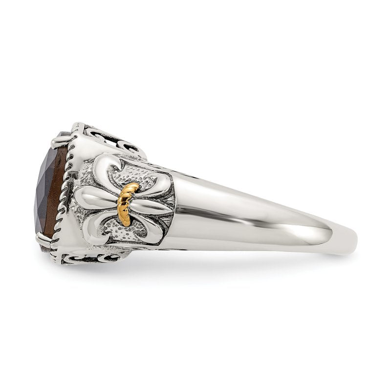 Sterling Silver with 14K Accent Antiqued Cushion Smoky Quartz Ring