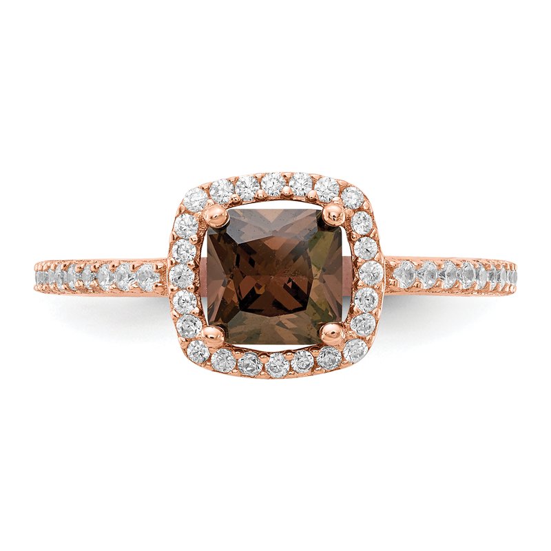 Sterling Silver Rose Gold-plated Cocoa Cushion-cut and White Brilliant-cut CZ Halo Ring