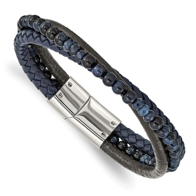 Stainless Steel Polished Multi Strand Blue Chalcedony and Tiger's Eye Beaded Black and Blue Leather 8.25 inch Bracelet