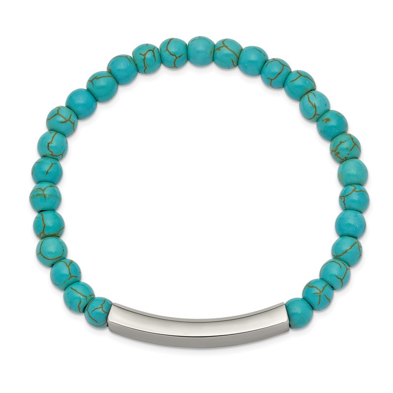 Stainless Steel Polished ID Plate 6mm Reconstructed Turquoise Beaded Stretch Bracelet