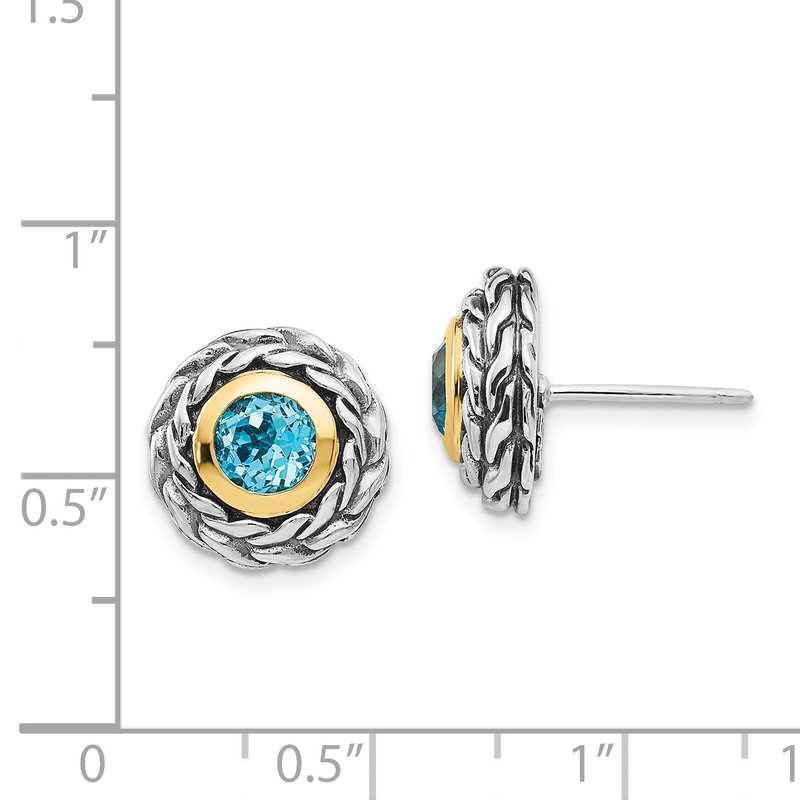 Sterling Silver with 14K Accent Antiqued Round Bezel Light Swiss Blue Topaz Post Earrings