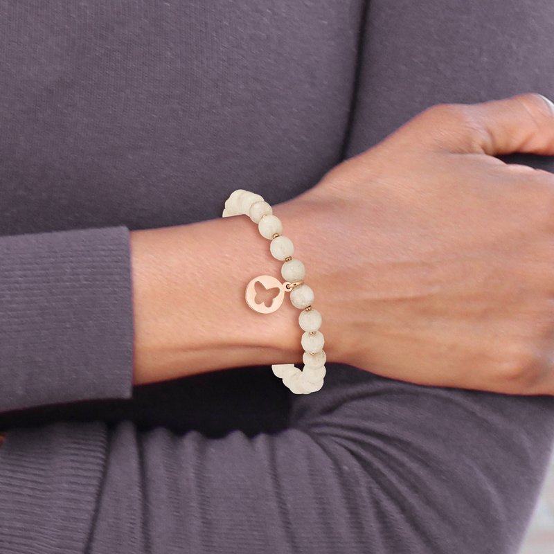 Stainless Steel Polished Rose IP-plated Butterfly 6mm Pink Agate Beaded Stretch Bracelet with Tassel