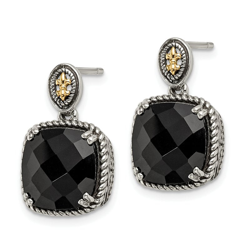 Sterling Silver with 14K Accent Antiqued Checkerboard-cut Black Onyx Dangle Post Earrings