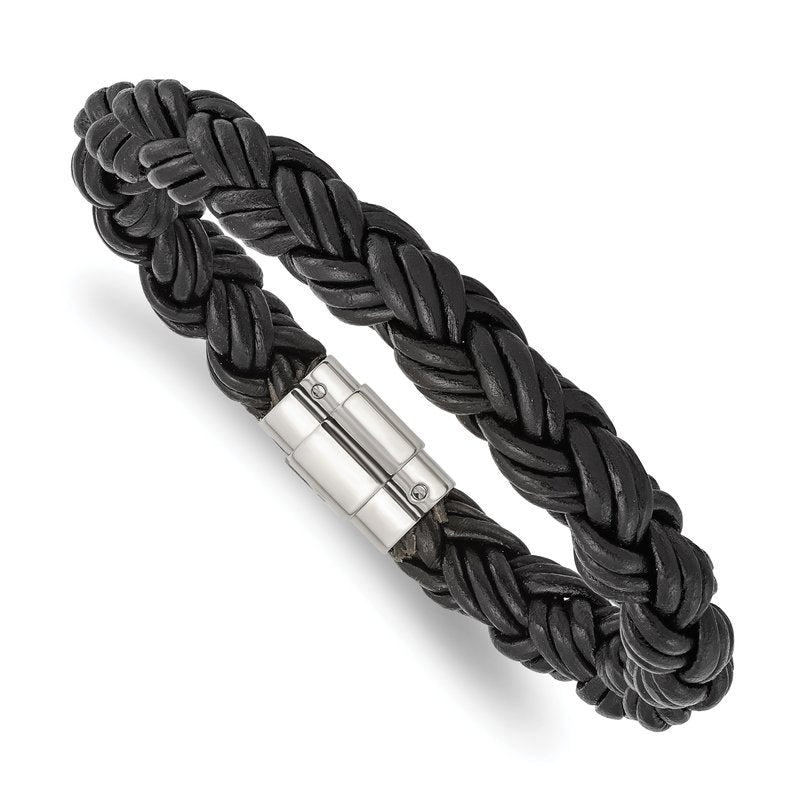 Stainless Steel Polished Twisted Black Braided Leather 8.5 inch Bracelet