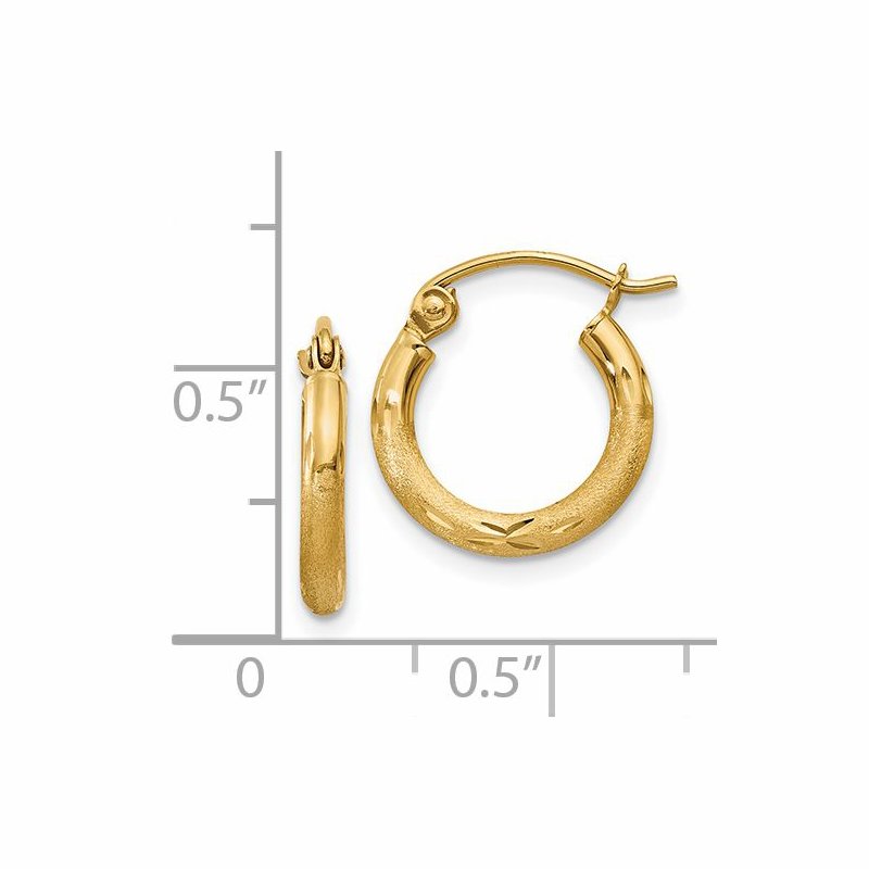 14k Satin and Diamond-cut 2mm Round Tube Hoop Earrings