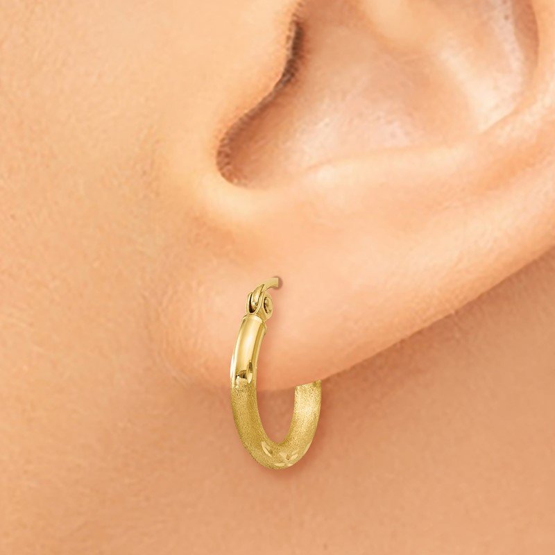 14k Satin and Diamond-cut 2mm Round Tube Hoop Earrings
