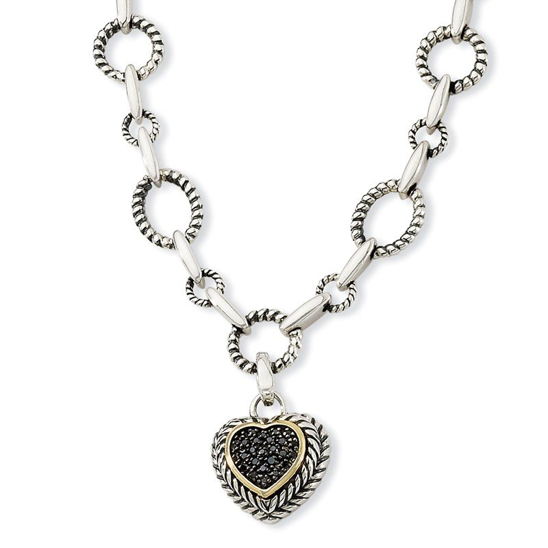 Sterling Silver with 14K Accent 17 Inch Antiqued Black Diamond Heart Drop Necklace
