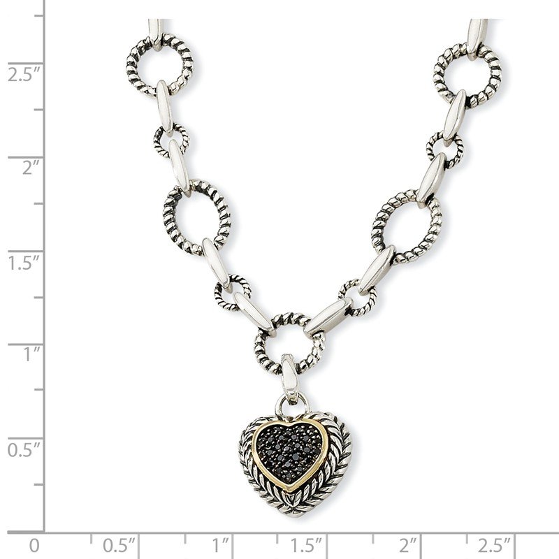 Sterling Silver with 14K Accent 17 Inch Antiqued Black Diamond Heart Drop Necklace