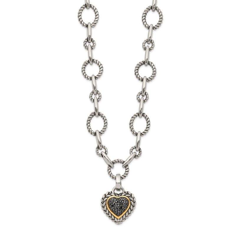 Sterling Silver with 14K Accent 17 Inch Antiqued Black Diamond Heart Drop Necklace