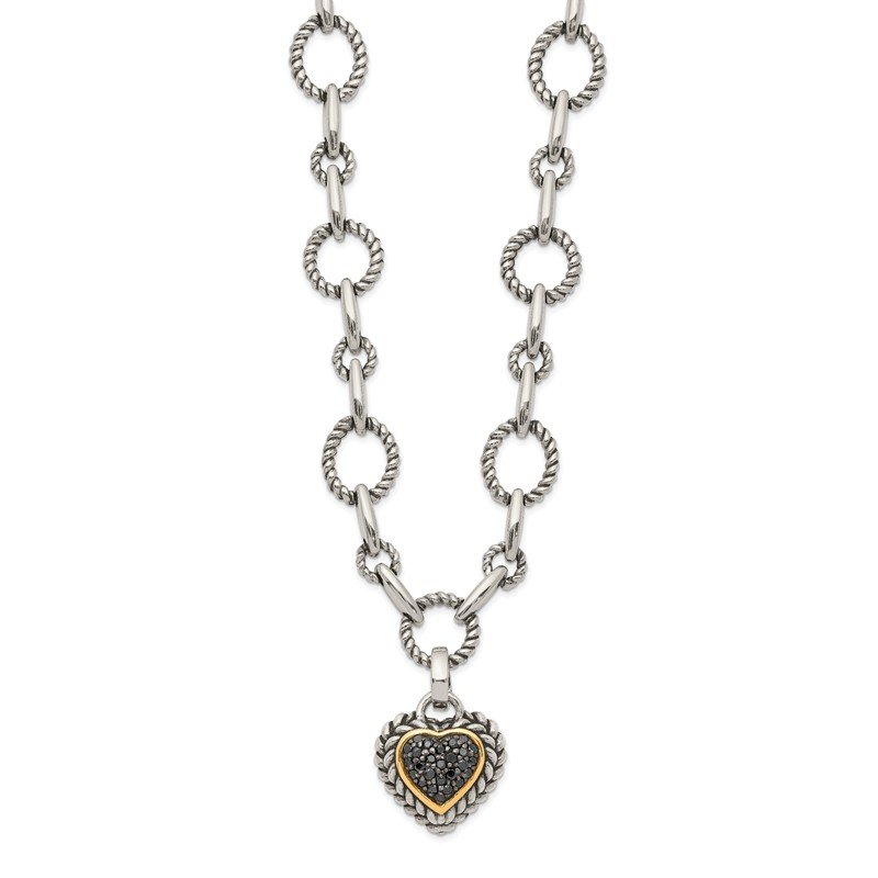 Sterling Silver with 14K Accent 17 Inch Antiqued Black Diamond Heart Drop Necklace
